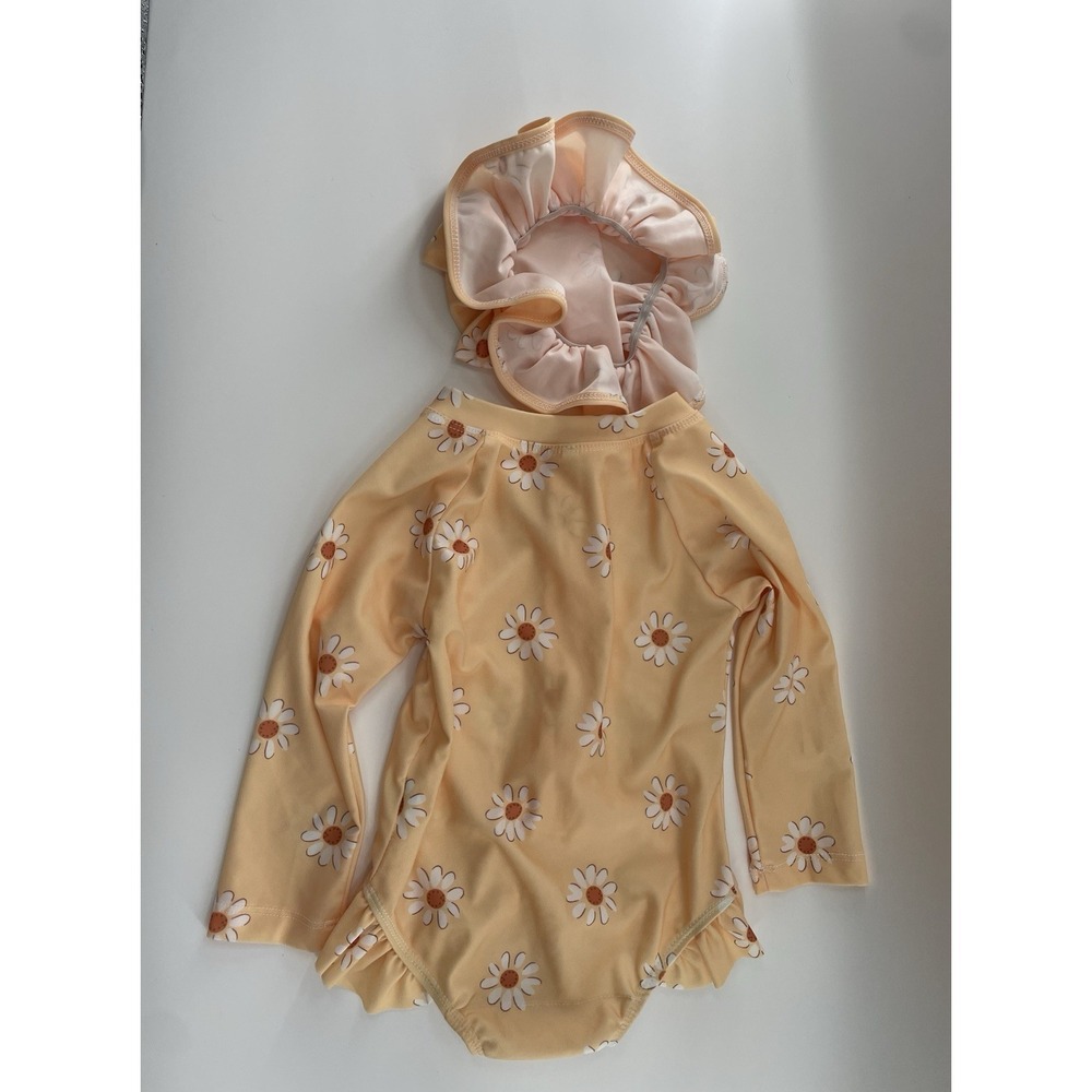 Baby One Piece Suit Orange Daisy Long Sleeve Swimsuit 12 Months And Hat - Picture 3 of 4